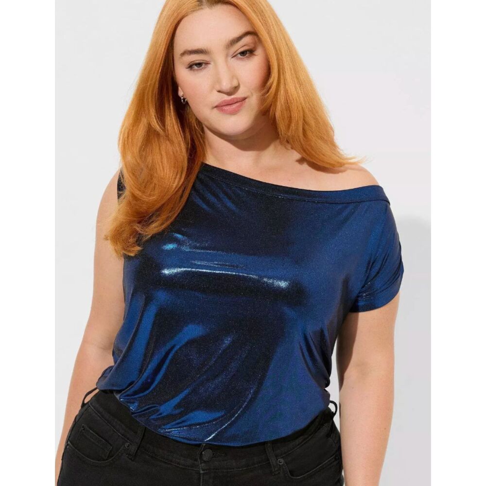 Torrid Liquid Shine Off Shoulder Top Electric Blue Size 4 EUC